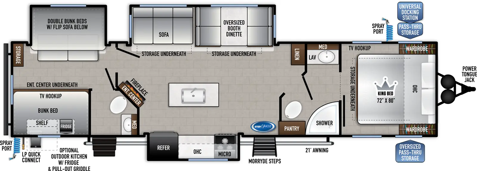 The 33K2B has three slideouts and two entries. Exterior features power tongue jack, front pass-thru storage, universal docking station, spray ports on both sides, 21 foot awning, MORryde StepAbove main entry steps, LP quick connect, and optional outdoor kitchen with refrigerator and pull-out griddle. Interior layout front to back: foot-facing king bed with storage underneath, overhead cabinet, wardrobes on each side, and off-door side TV hookup; split full pass-thru bathroom with medicine cabinet; off-door side linen closet, and slideout with booth dinette and sofa with storage underneath both; door side pantry, main entry, and slideout with microwave, cooktop, kitchen counter, overhead cabinet, and refrigerator; kitchen island with sink; angled entertainment center with fireplace below along inner wall; rear bunk room with off-door side slideout with double bunk beds with flip sofa below, storage, door side bunk bed above entertainment center with TV hookup below, and half bathroom with second entry and medicine cabinet.